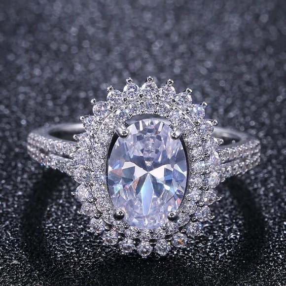 NEW Silver Oval Diamond Double Halo Ring 5 - Picture 4 of 7
